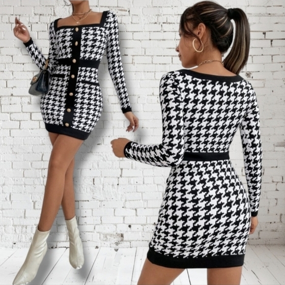 SHEIN Dresses & Skirts - ​✨ SHEIN Black & White Houndstooth Mini Bodycon Dress - Small